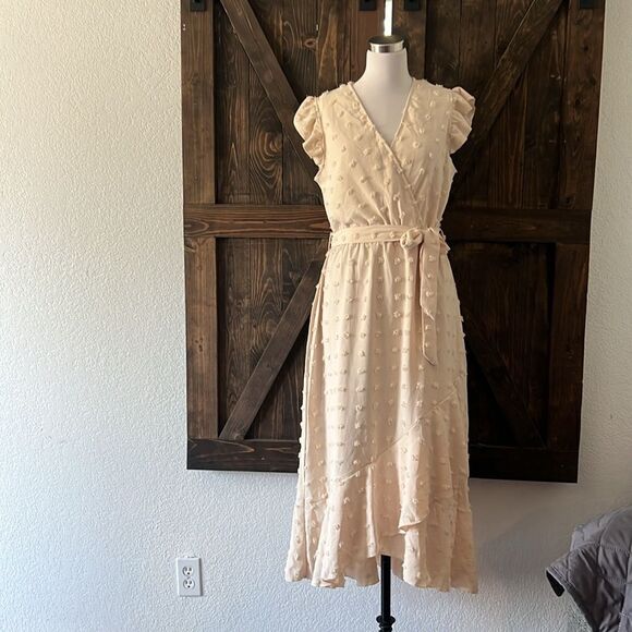 BTFBM V Neck Wrap Ruffle Sleeve Swiss Dot Bohemian Ruffle Beach Party Dress - Picture 4 of 12